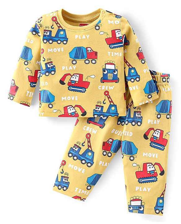 Babyhug Cotton Knit Full Sleeves Night Suit With Vehicles Print - Mustard