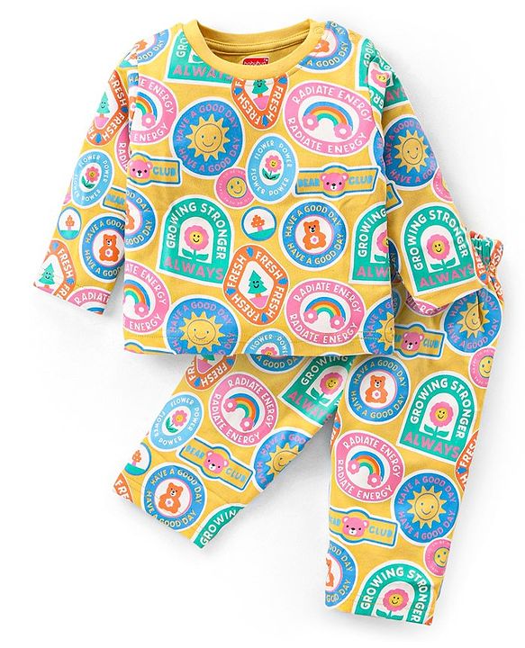 Babyhug Cotton Knit Full Sleeves Night Suit with Sun & Floral Print - Yellow