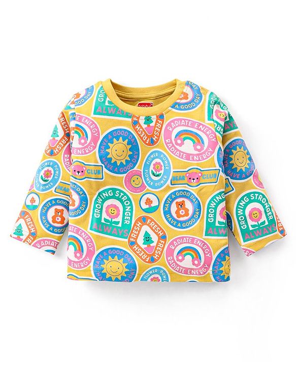 Babyhug Cotton Knit Full Sleeves Night Suit with Sun & Floral Print - Yellow