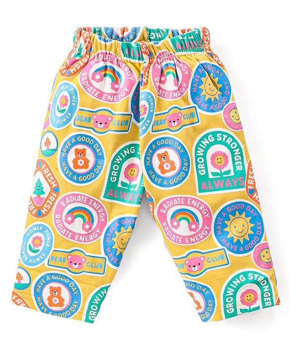 Babyhug Cotton Knit Full Sleeves Night Suit with Sun & Floral Print - Yellow