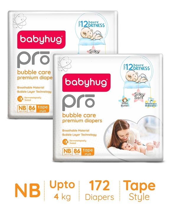 Babyhug Pro Bubble Care Premium Tape Style Diaper New Born (NB) Size - 86 Pieces - Pack of 2