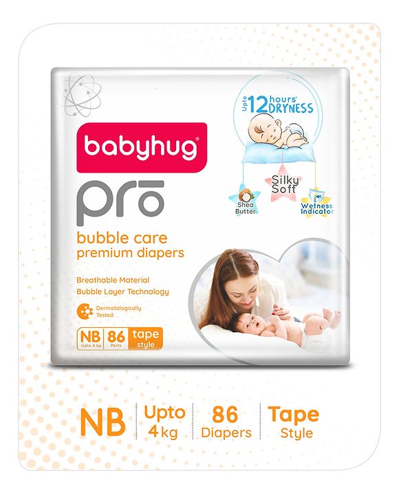 Babyhug Pro Bubble Care Premium Tape Style Diaper New Born (NB) Size - 86 Pieces - Pack of 2