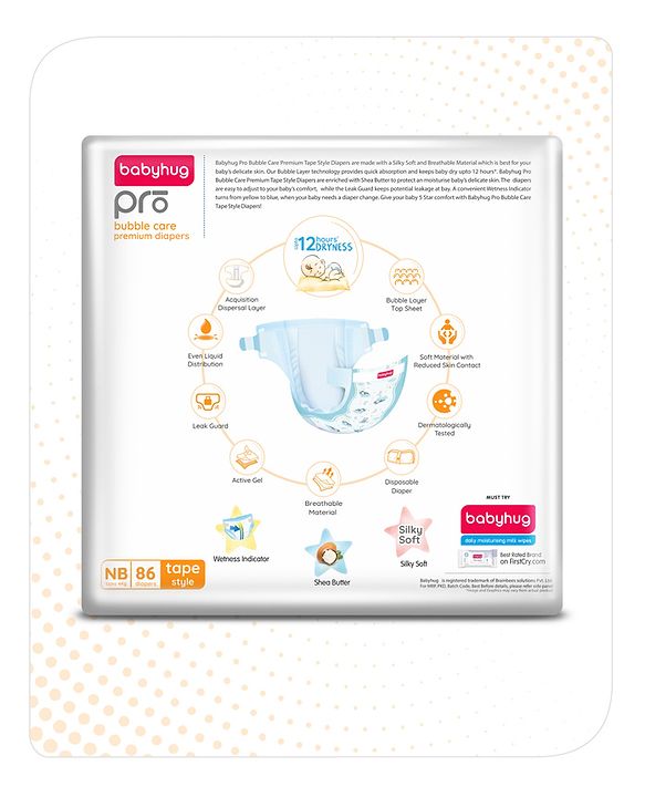 Babyhug Pro Bubble Care Premium Tape Style Diaper New Born (NB) Size - 86 Pieces - Pack of 2