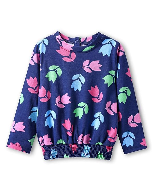 Babyhug Cotton Knit Full Sleeves Top with Floral Print - Navy Blue