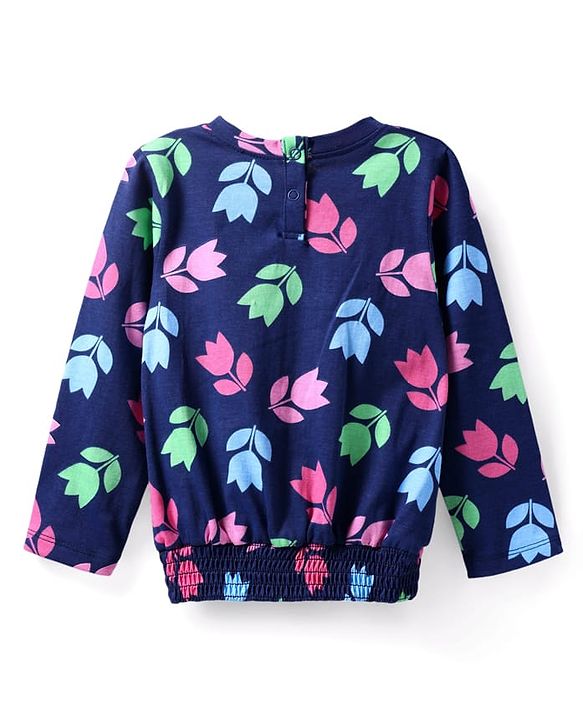 Babyhug Cotton Knit Full Sleeves Top with Floral Print - Navy Blue