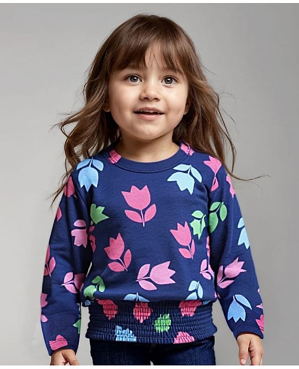 Babyhug Cotton Knit Full Sleeves Top with Floral Print - Navy Blue