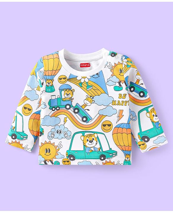 Babyhug Cotton Knit Full Sleeves Night Suit With Animal & Vehicle Print - White