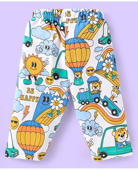 Babyhug Cotton Knit Full Sleeves Night Suit With Animal & Vehicle Print - White