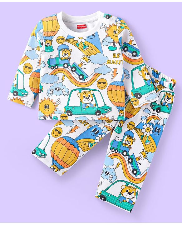 Babyhug Cotton Knit Full Sleeves Night Suit With Animal & Vehicle Print - White