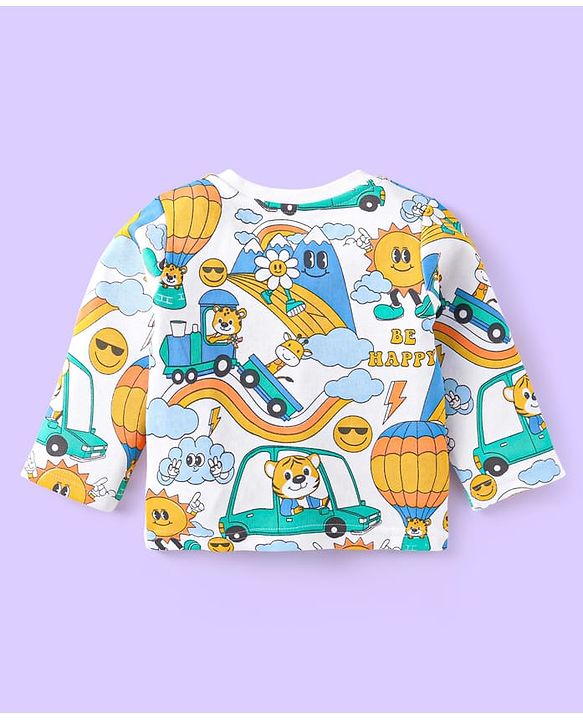 Babyhug Cotton Knit Full Sleeves Night Suit With Animal & Vehicle Print - White