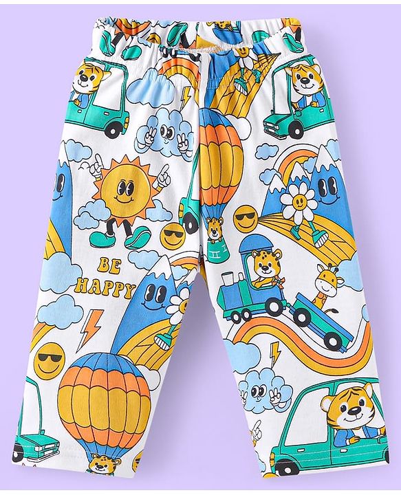 Babyhug Cotton Knit Full Sleeves Night Suit With Animal & Vehicle Print - White