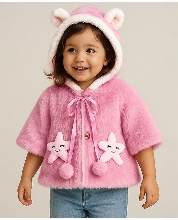 Babyhug Fur Woven Half Sleeves Hooded Winter Jacket With Starfish Applique & Ears Detailing - Pink