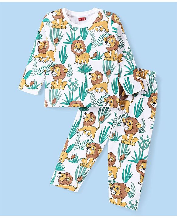 Babyhug Cotton Knit Full Sleeves Night Suit Lion Print - White