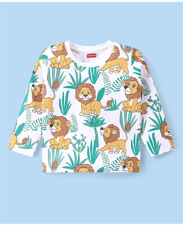 Babyhug Cotton Knit Full Sleeves Night Suit Lion Print - White