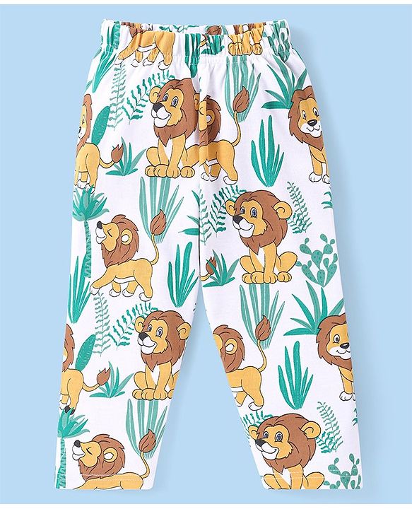 Babyhug Cotton Knit Full Sleeves Night Suit Lion Print - White