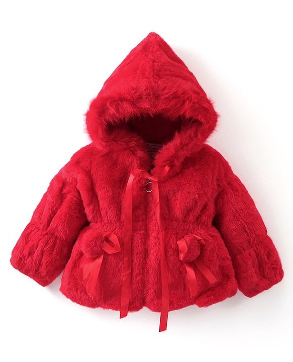 Babyhug Fur Woven Full Sleeves Hooded Winter Jacket With Pom Pom Applique - Red