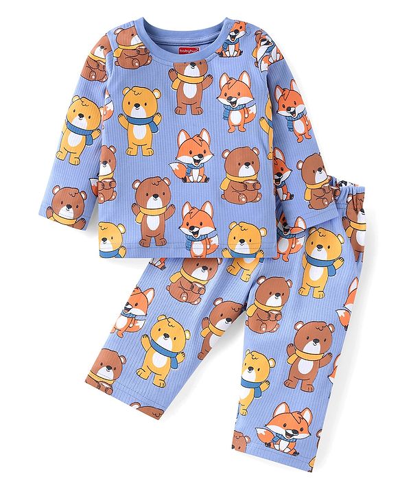 Babyhug Cotton Knit Full Sleeves Night Suit with Bear Print - Blue