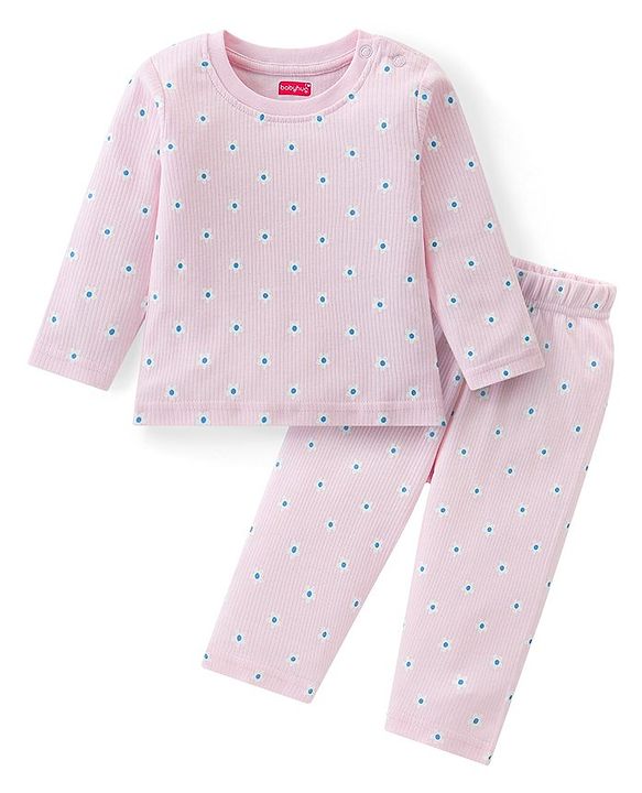 Babyhug Cotton Knit Full Sleeves Night Suit Floral Print - Light Pink