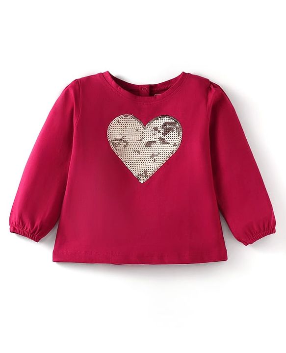 Babyhug Cotton Knit Full Sleeves T-Shirt with Heart Sequinned Embroidery - Red