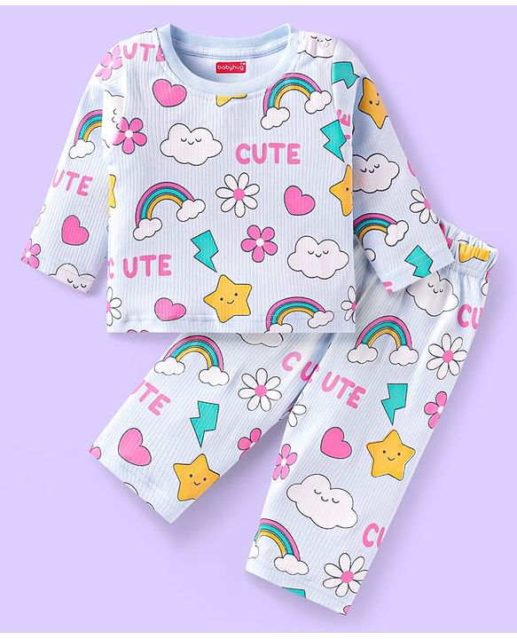 Babyhug Cotton Knit Full Sleeves Night Suit With Rainbows & Floral Print - Sky Blue