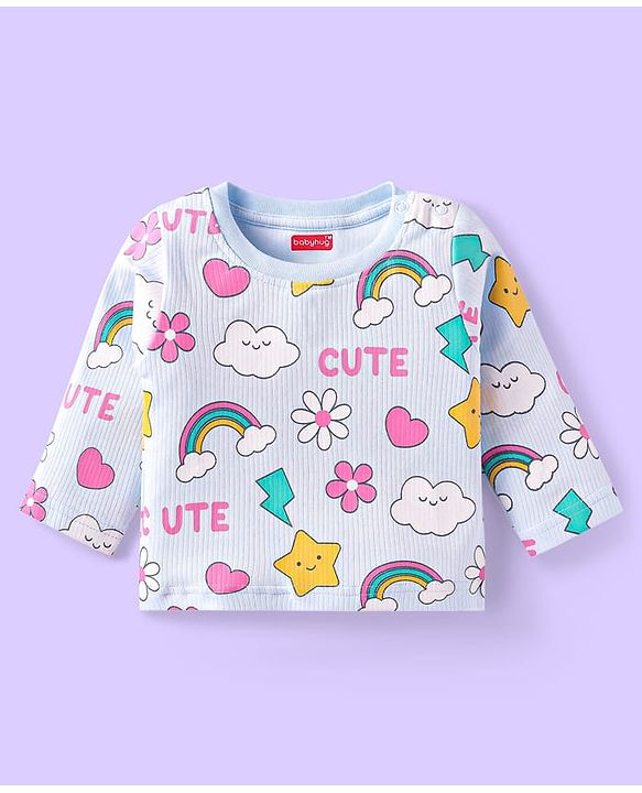 Babyhug Cotton Knit Full Sleeves Night Suit With Rainbows & Floral Print - Sky Blue