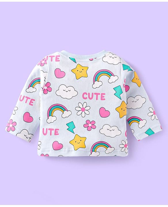 Babyhug Cotton Knit Full Sleeves Night Suit With Rainbows & Floral Print - Sky Blue
