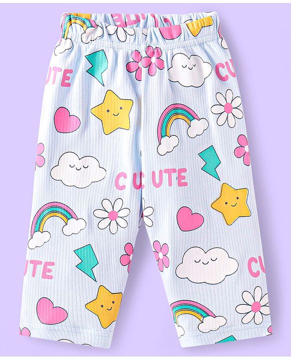 Babyhug Cotton Knit Full Sleeves Night Suit With Rainbows & Floral Print - Sky Blue