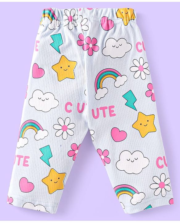 Babyhug Cotton Knit Full Sleeves Night Suit With Rainbows & Floral Print - Sky Blue