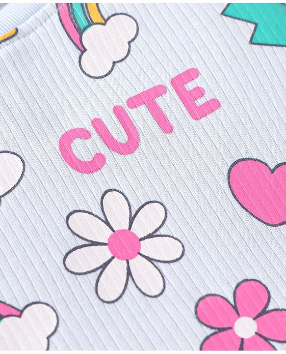 Babyhug Cotton Knit Full Sleeves Night Suit With Rainbows & Floral Print - Sky Blue