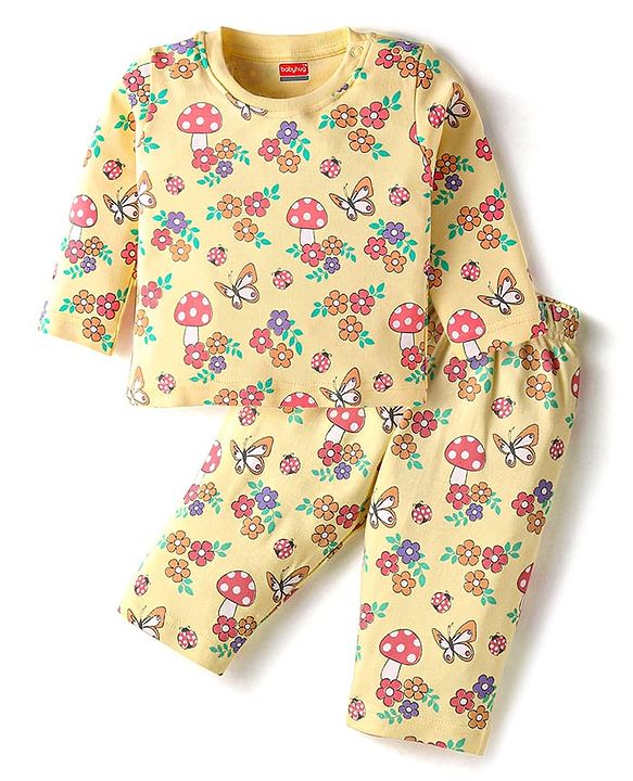Babyhug Cotton Knit Full Sleeves Floral Printed Night Suit - Cream