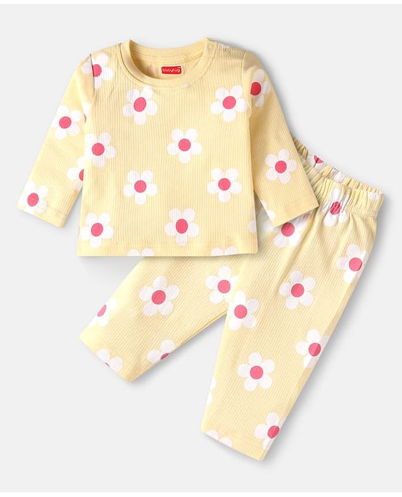 Babyhug Cotton Knit Full Sleeves Night Suit With Floral Print - Orange