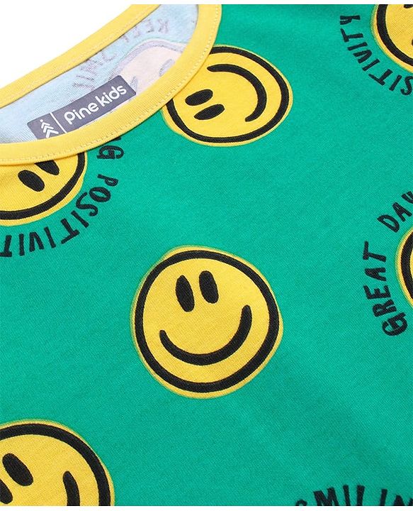 Pine Kids Single Jersey Knit Full Sleeves Smiley Printed Night Suit - Green