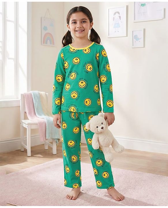 Pine Kids Single Jersey Knit Full Sleeves Smiley Printed Night Suit - Green