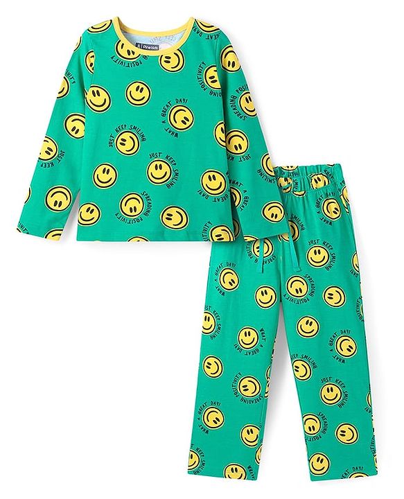 Pine Kids Single Jersey Knit Full Sleeves Smiley Printed Night Suit - Green