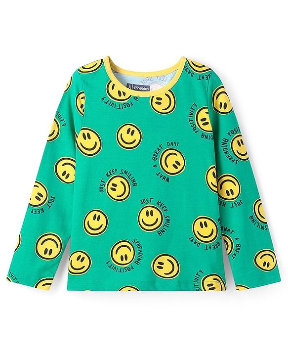 Pine Kids Single Jersey Knit Full Sleeves Smiley Printed Night Suit - Green