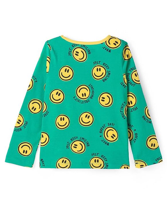 Pine Kids Single Jersey Knit Full Sleeves Smiley Printed Night Suit - Green