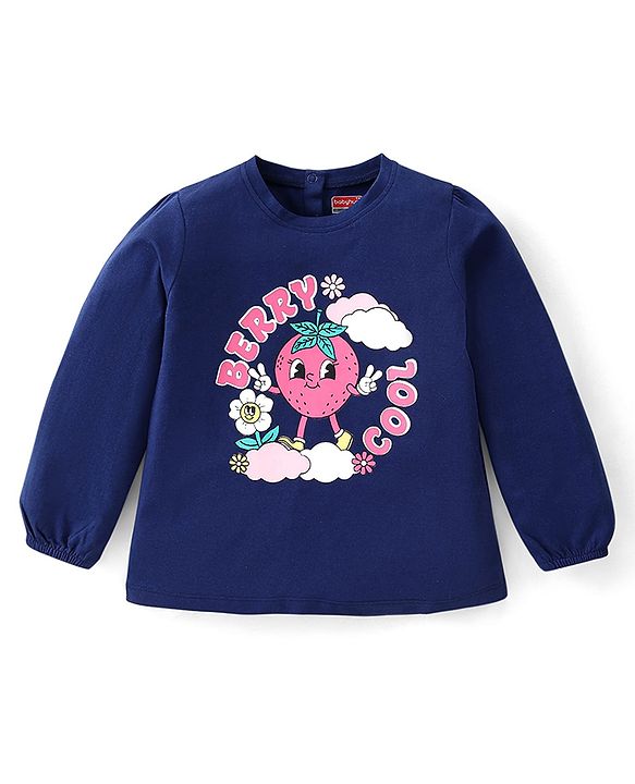 Babyhug Cotton Knit Full Sleeves Top with Strawberry & Text Print - Navy Blue