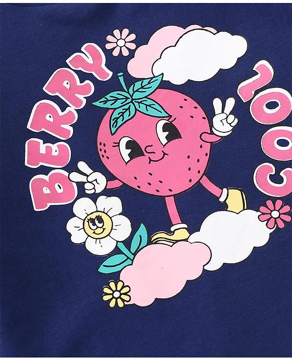 Babyhug Cotton Knit Full Sleeves Top with Strawberry & Text Print - Navy Blue