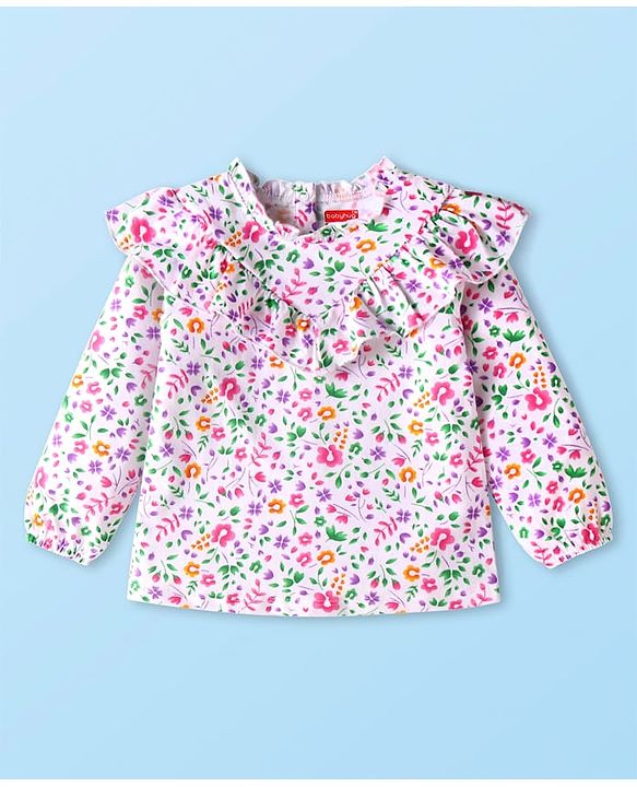 Babyhug Cotton Knit Full Sleeves Top with Frill Detailing & Floral Print - White