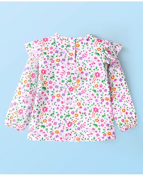 Babyhug Cotton Knit Full Sleeves Top with Frill Detailing & Floral Print - White