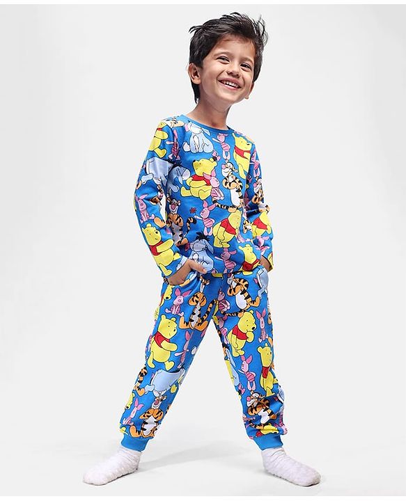 Babyhug Disney Single Jersey Knit Full Sleeves Night Suit with Winnie the Pooh  Print -Blue