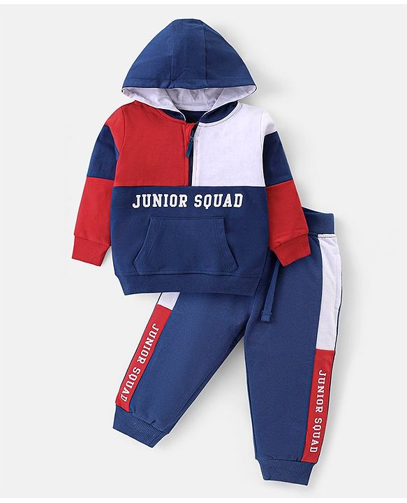 Babyhug Cotton Knit Full Sleeves Hooded Color Block T-Shirt & Lounge Pants Set With Text Print - Navy & Red