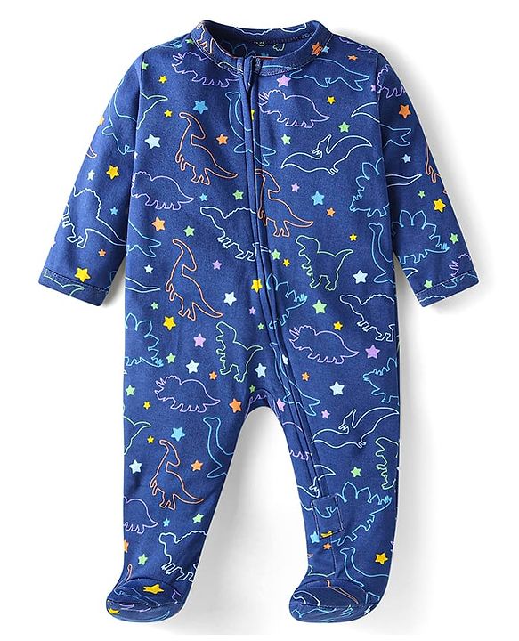 Babyhug Cotton Knit Full Sleeves Footed Sleep Suit With Dino Print - Navy Blue