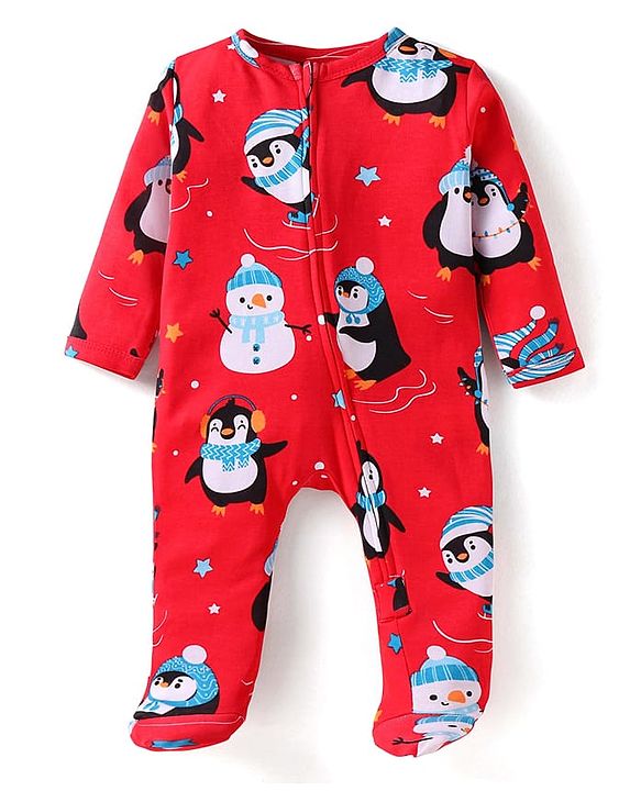 Babyhug Cotton Knit Full Sleeves Penguin Printed Footed Front Open Sleep Suit - Red