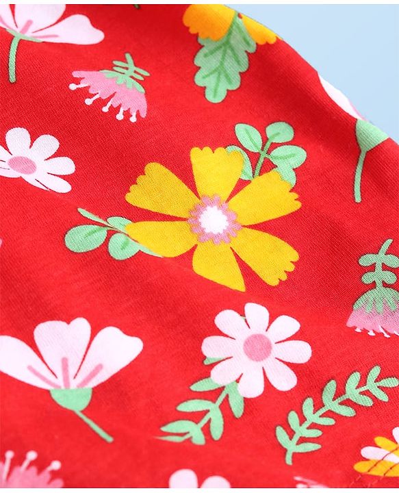 Babyhug Cotton Knit Half Sleeves Top with Peter Pan Collar & Floral Print -Red