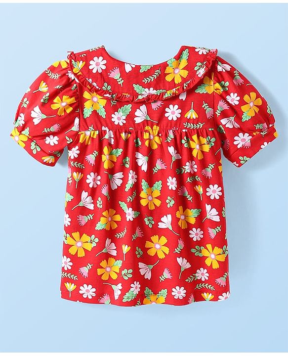 Babyhug Cotton Knit Half Sleeves Top with Peter Pan Collar & Floral Print -Red