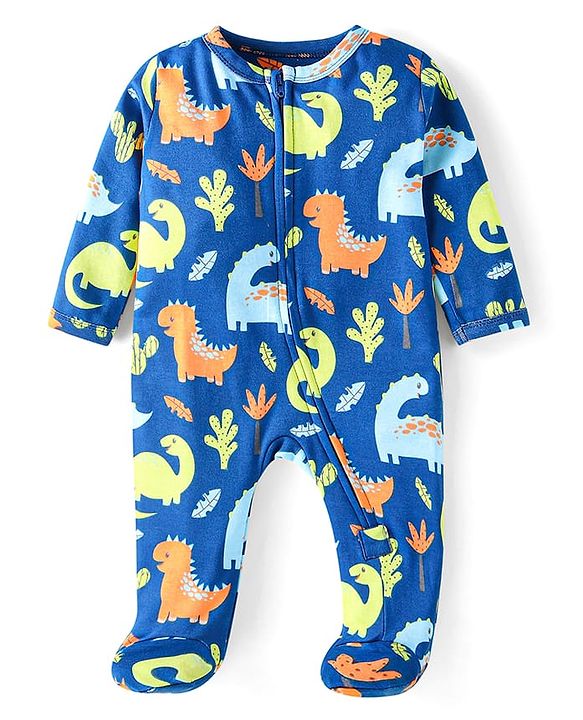 Babyhug Cotton Knit Full Sleeves Footed Sleep Suit With Dino Print - Navy Blue