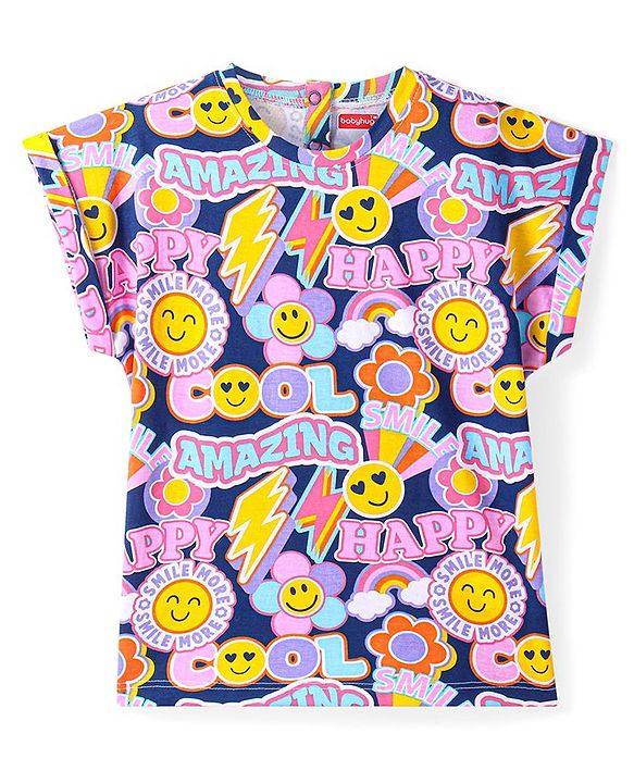 Babyhug Cotton Knit Cap Sleeves T-Shirt With Floral Print - Navy Blue