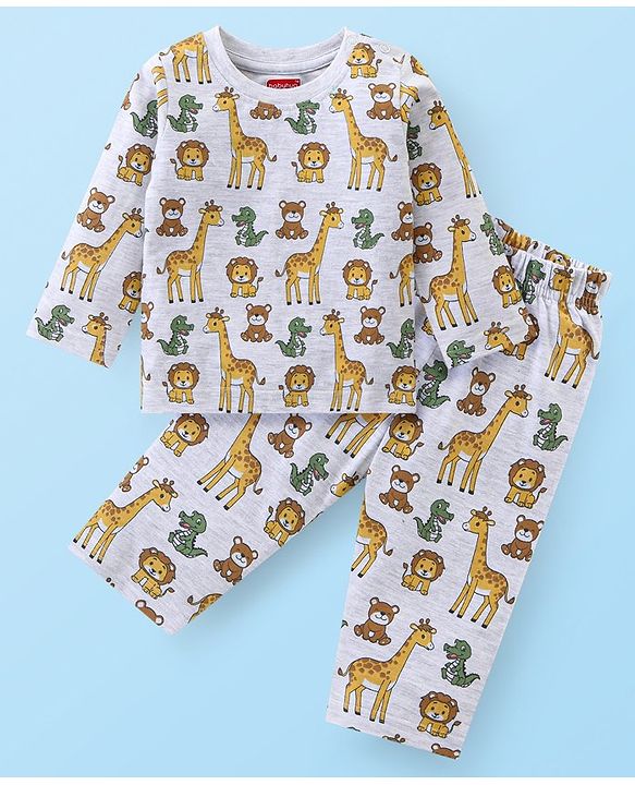 Babyhug Cotton Knit Full Sleeves Night Suit Wild Animals  Print - Light Grey