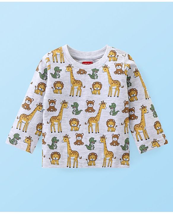 Babyhug Cotton Knit Full Sleeves Night Suit Wild Animals  Print - Light Grey